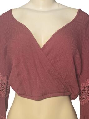 Hummingbird Women's Burgundy Boho Wrap Crop Top Bell Sleeve Lace Size L